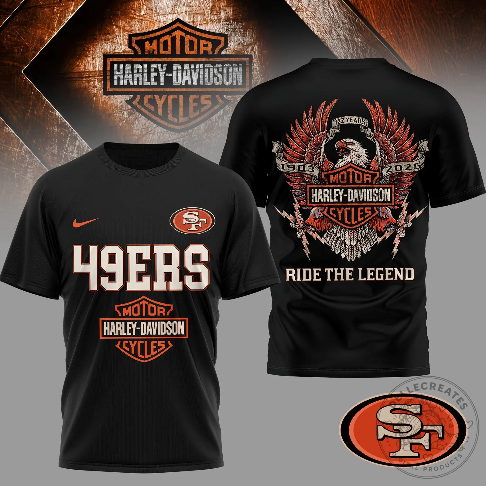 San Francisco 49ers Harley Davidson 122 Year Anniversary Black T-Shirt