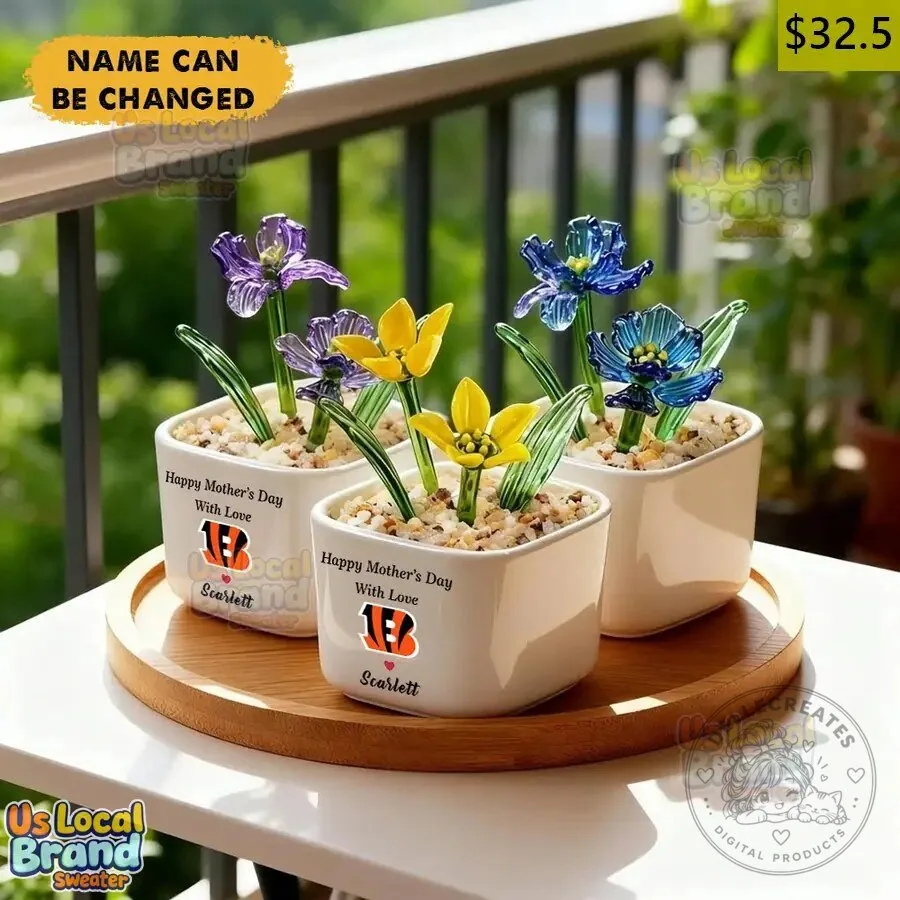 Cincinnati Bengals Birth Flower Glass Pot Personalized Mother's Day Gift