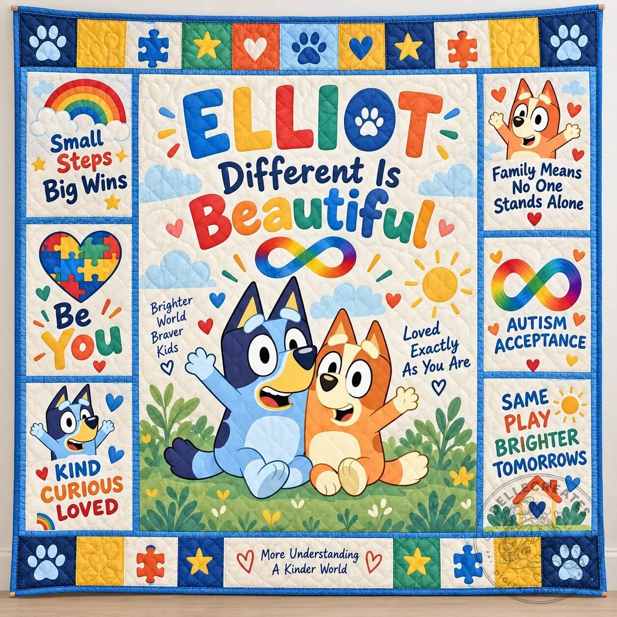 Personalized Autism Awareness Bluey Different Is Beautiful Quilt