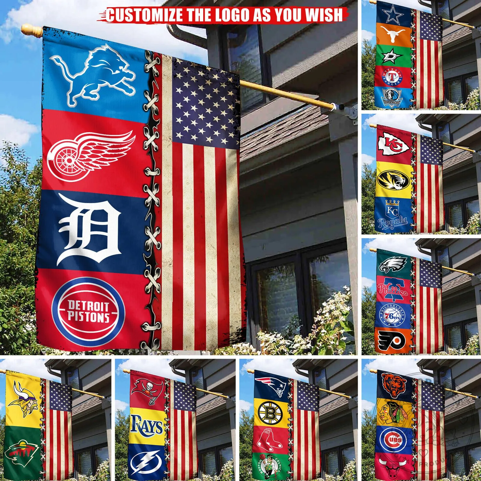Detroit Sports Teams and American Flag Vertical House Banner