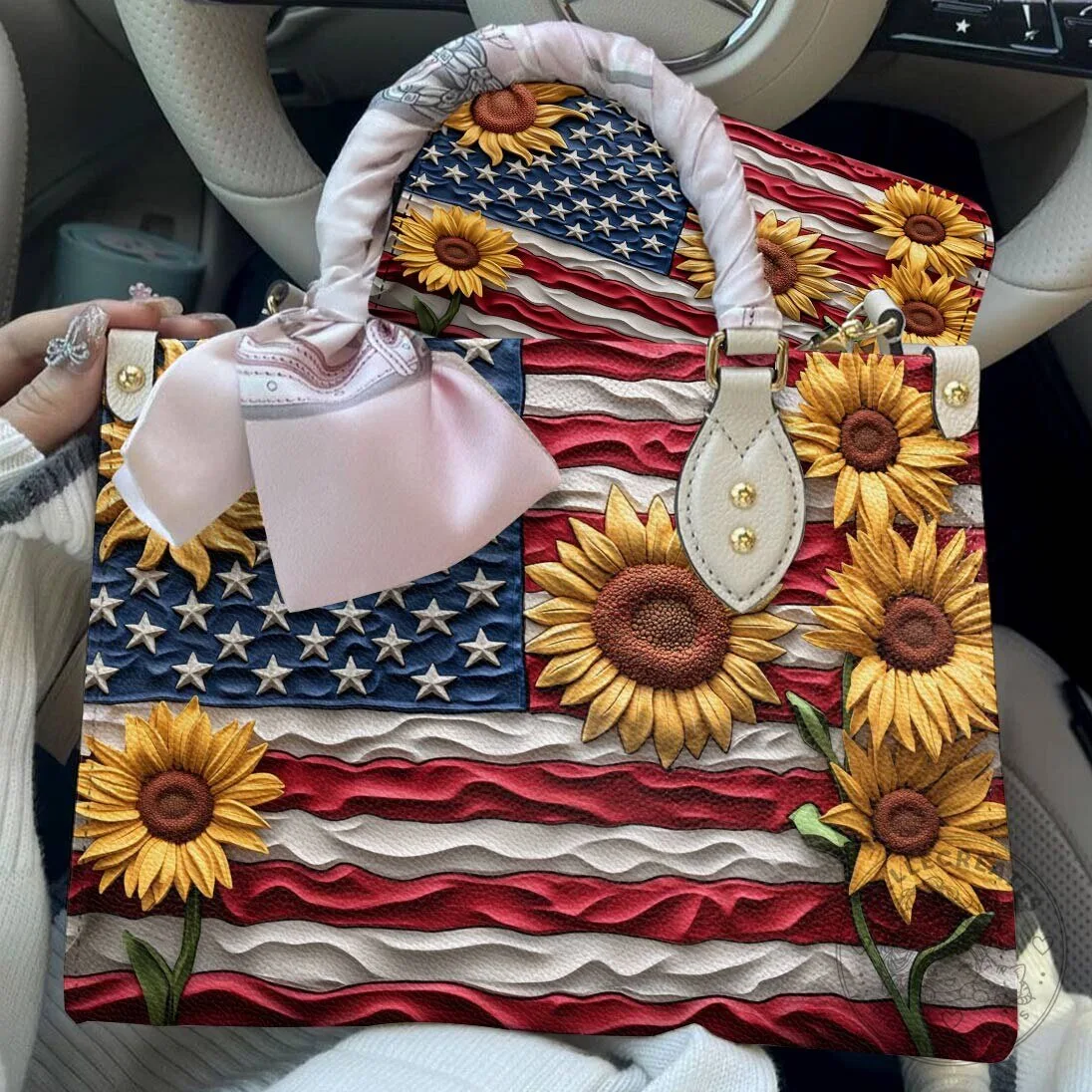 American Flag Sunflower Patriotic Women's Leather Handbag