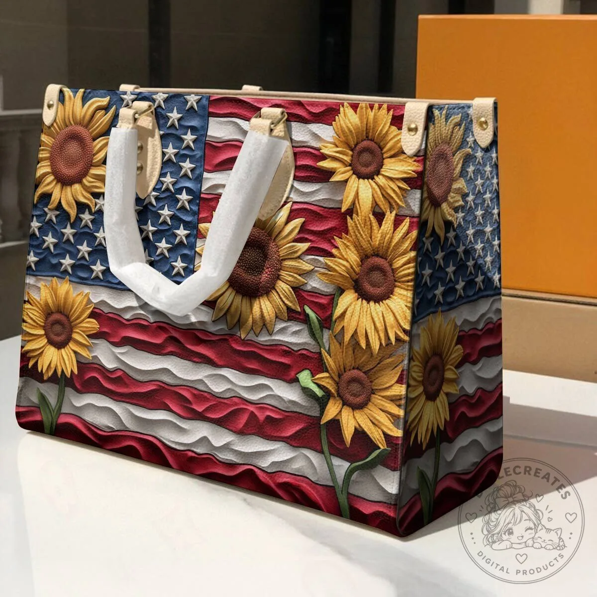 American Flag Sunflower Patriotic Women's Leather Handbag 13 American Flag Sunflower Patriotic Women