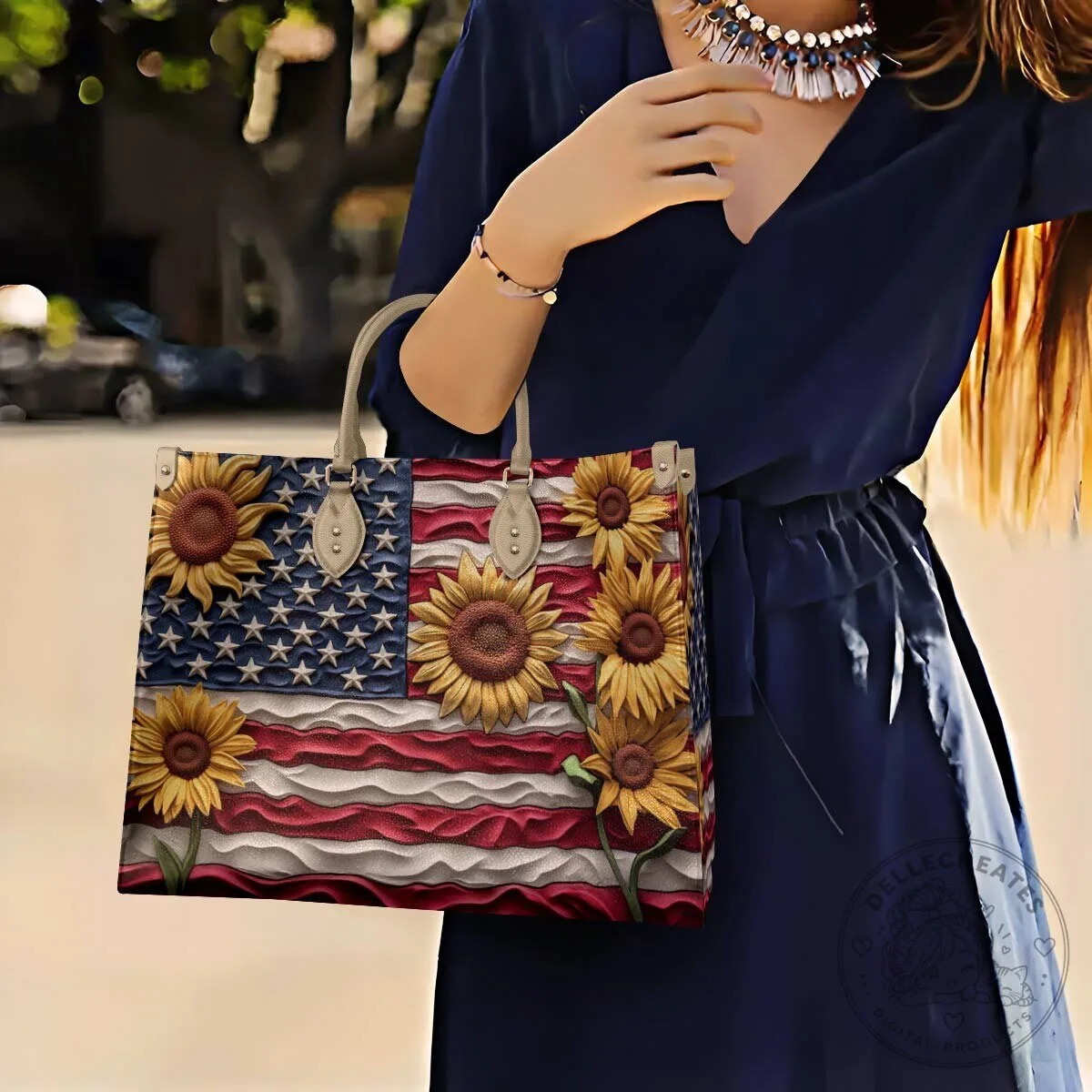 American Flag Sunflower Patriotic Women's Leather Handbag 14 American Flag Sunflower Patriotic Women