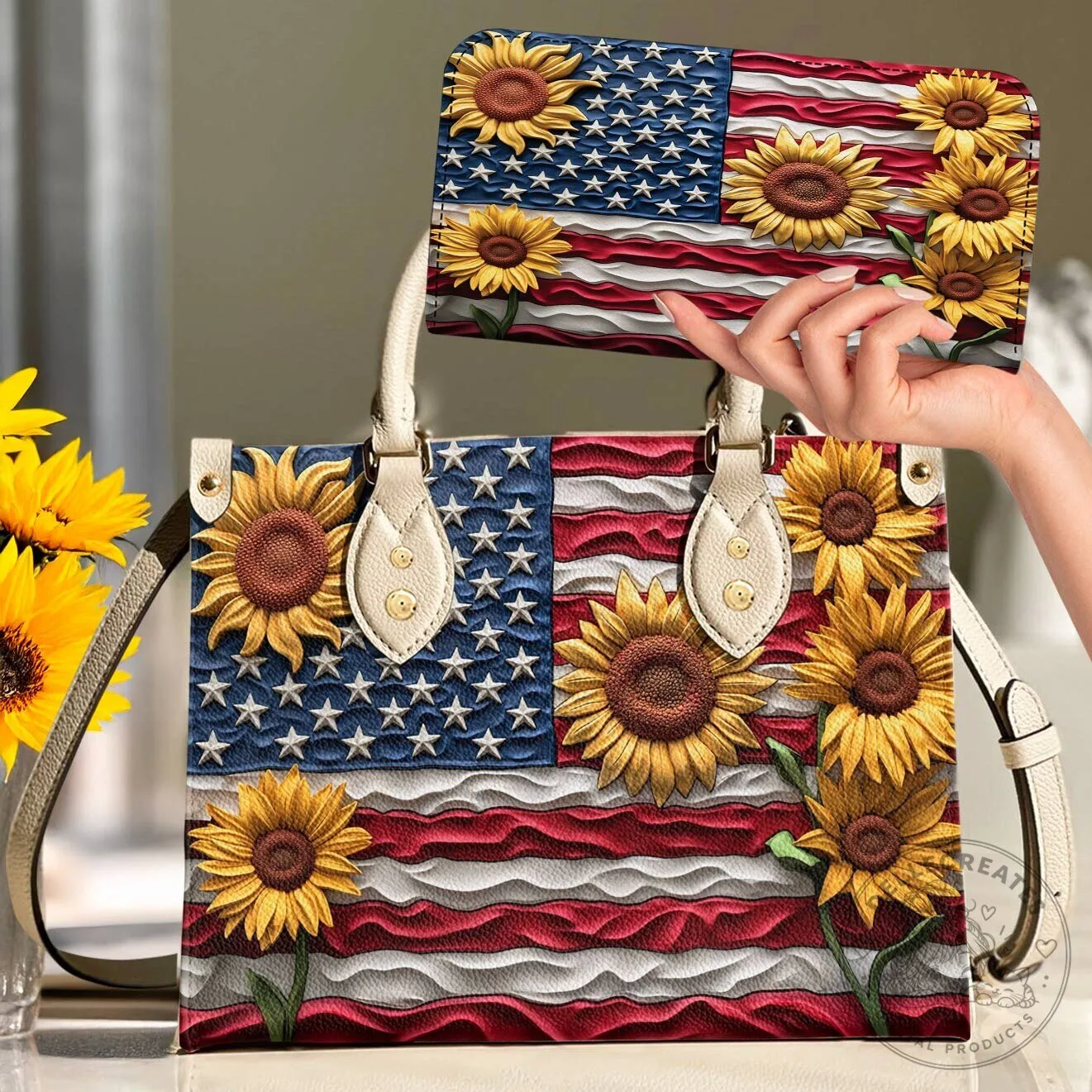 American Flag Sunflower Patriotic Women's Leather Handbag 15 American Flag Sunflower Patriotic Women