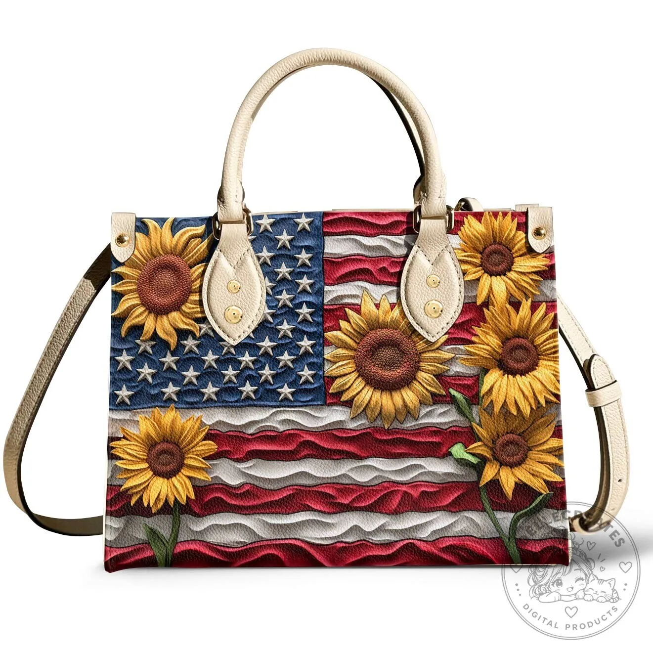 American Flag Sunflower Patriotic Women's Leather Handbag 16 American Flag Sunflower Patriotic Women