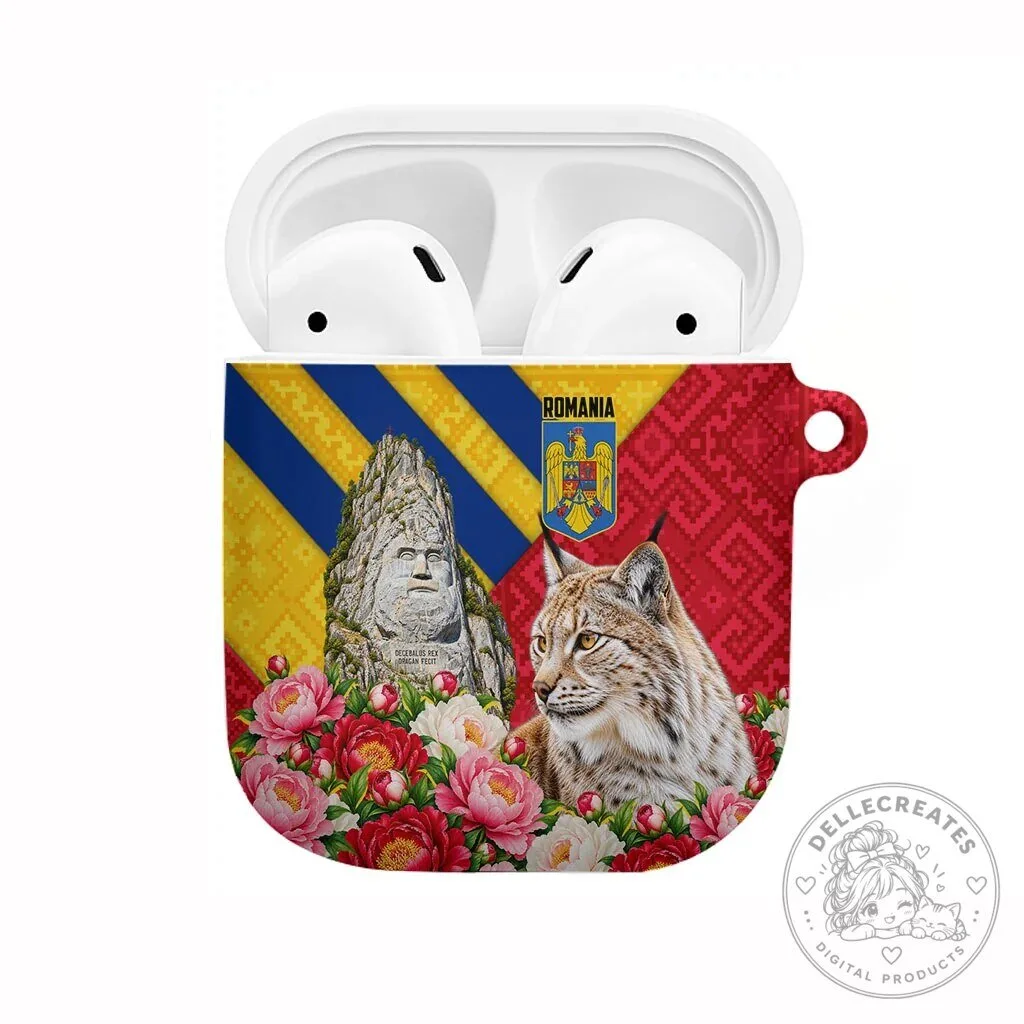 Romania Lynx and Decebalus Rex AirPods Case with Traditional Folk Pattern and Peony Floral Motifs