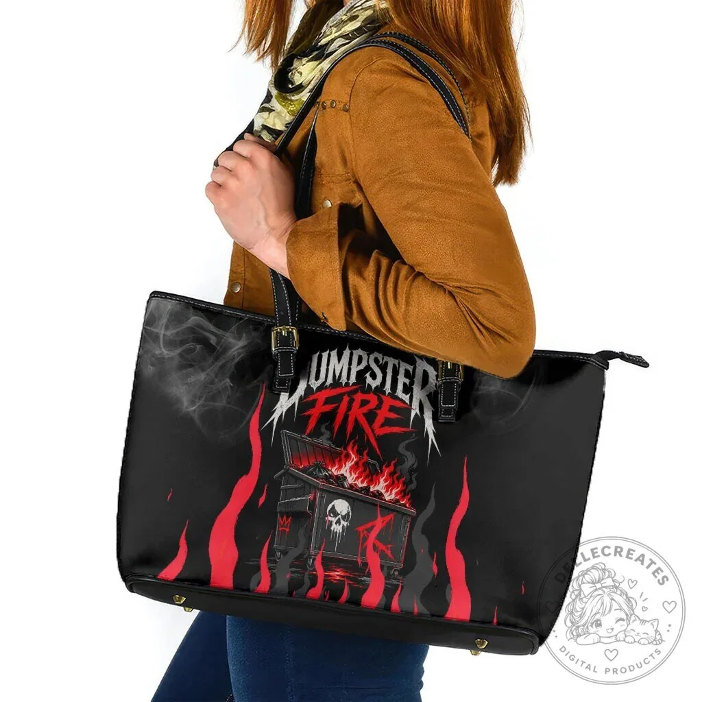 Dumpster Fire Everything Is Fine Skull and Flames Black Leather Tote Bag