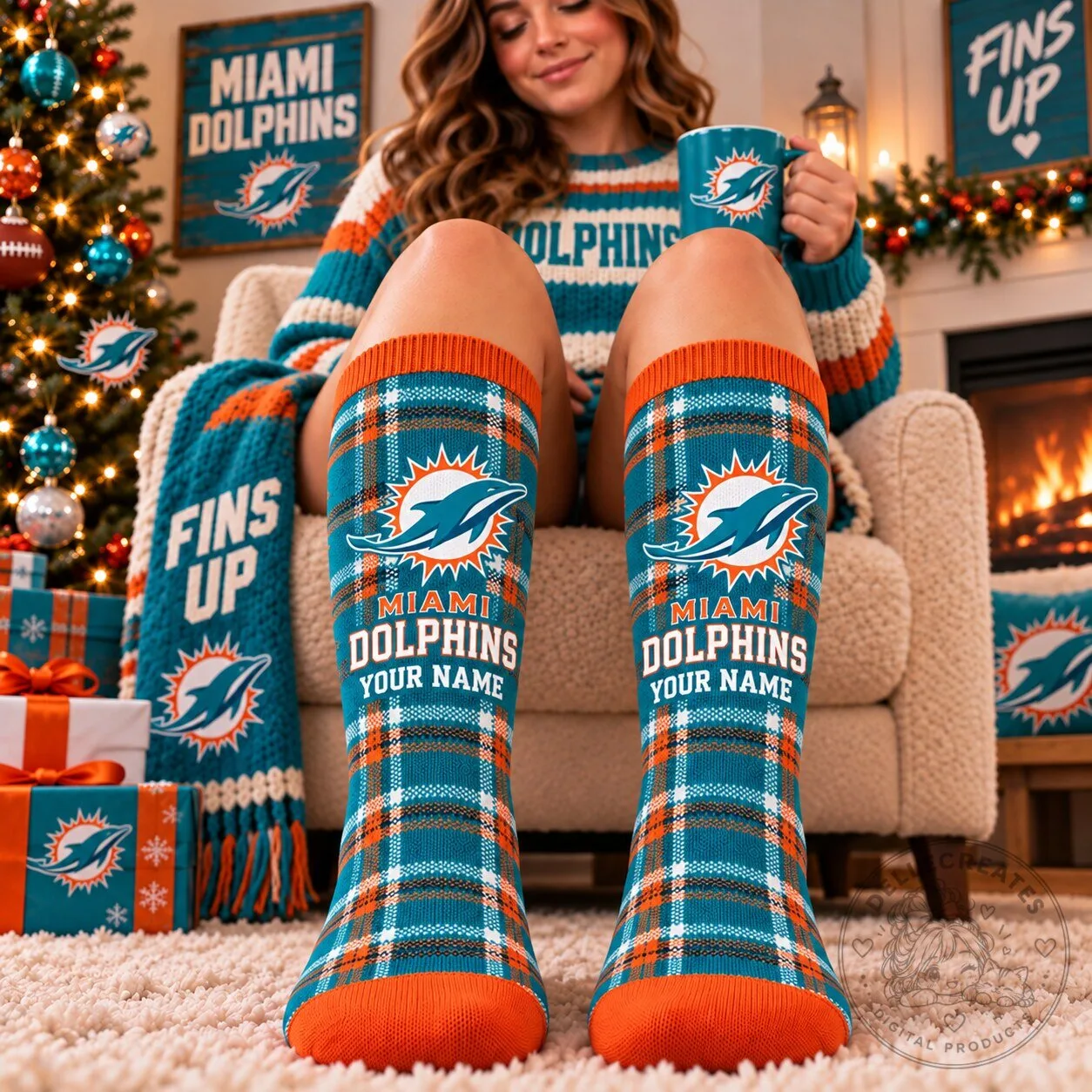 Miami Dolphins Plaid Custom Name NFL Football Team Socks