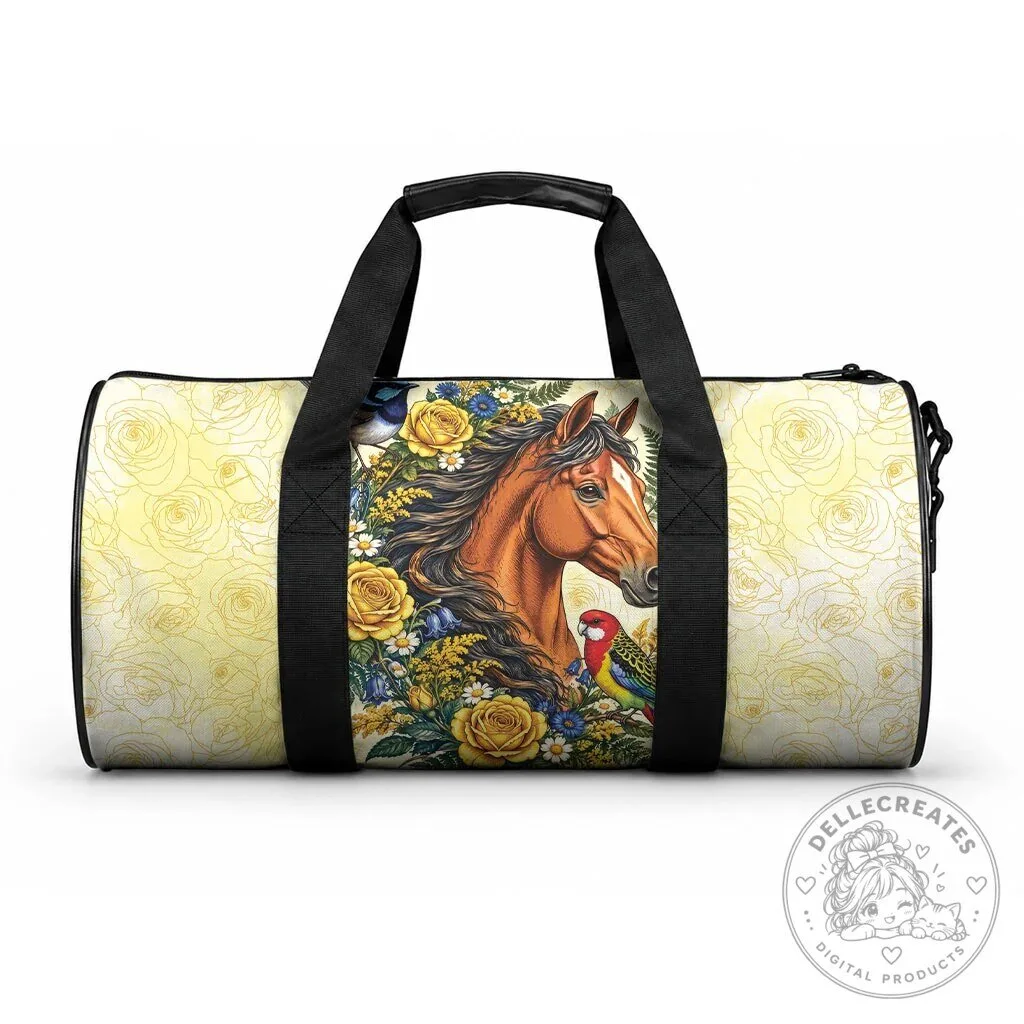 Beautiful Horse Yellow Rose Wreath Duffle Bag with Australian Blue Wren and Rosella Parrot