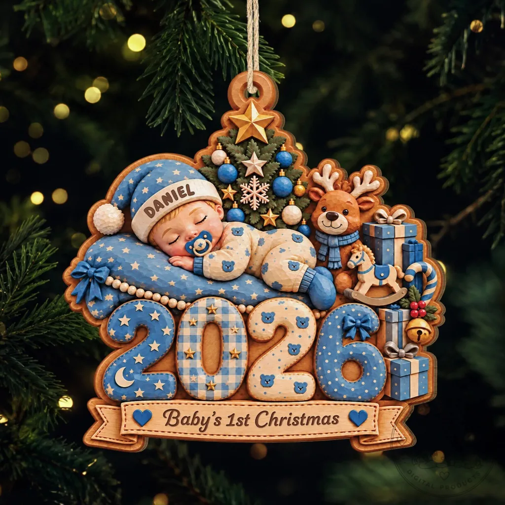 Personalized Baby's First Christmas 2026 Ornament with Sleeping Baby Boy Design Personalized Baby's First Christmas 2026 Ornament with Sleeping Baby Boy Design