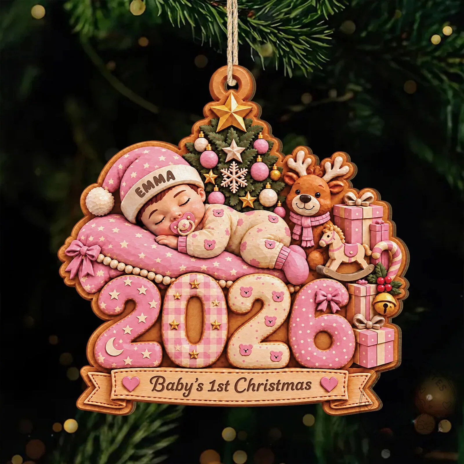 Personalized Baby's First Christmas 2026 Ornament with Sleeping Baby Boy Design 11 Personalized Baby