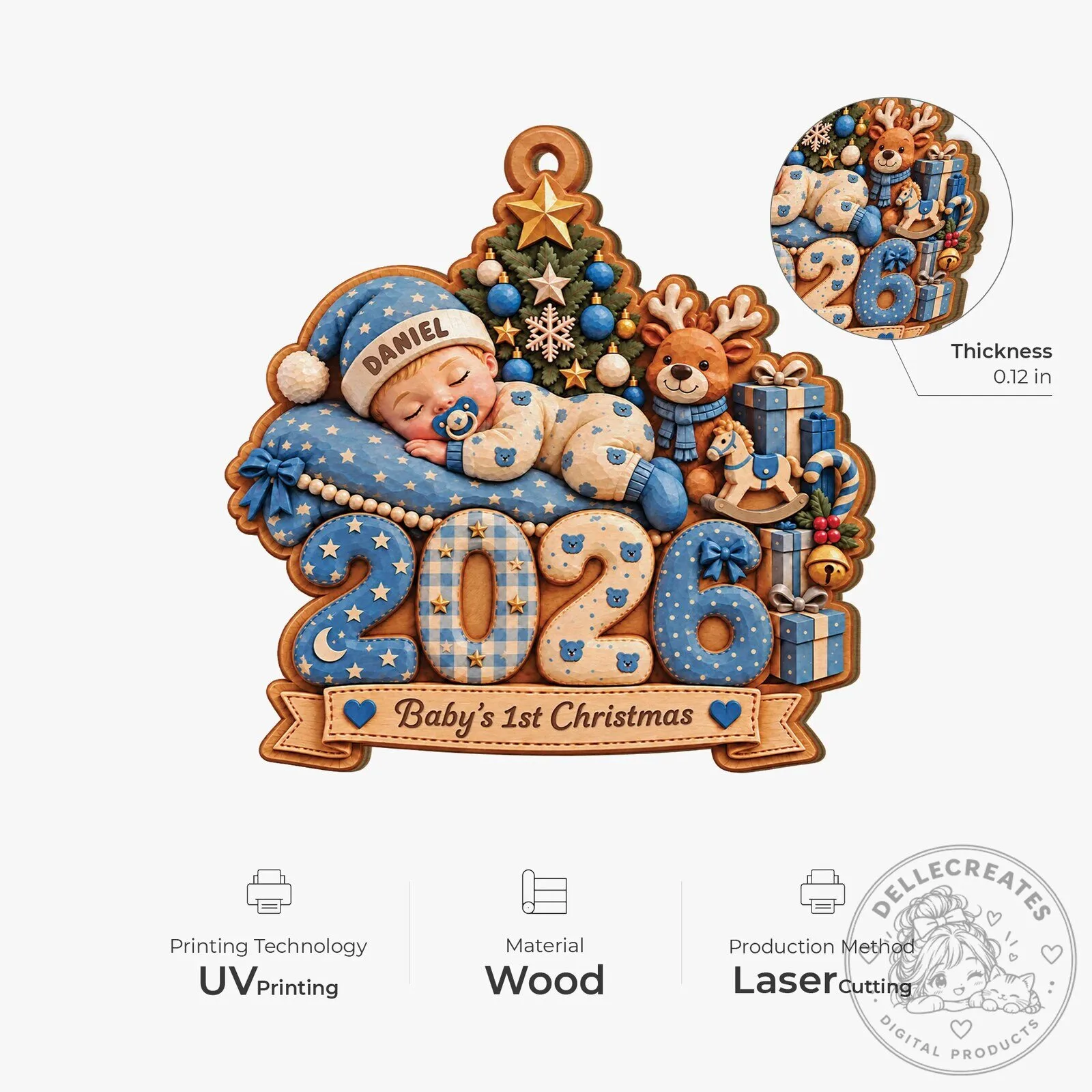 Personalized Baby's First Christmas 2026 Ornament with Sleeping Baby Boy Design 12 Personalized Baby