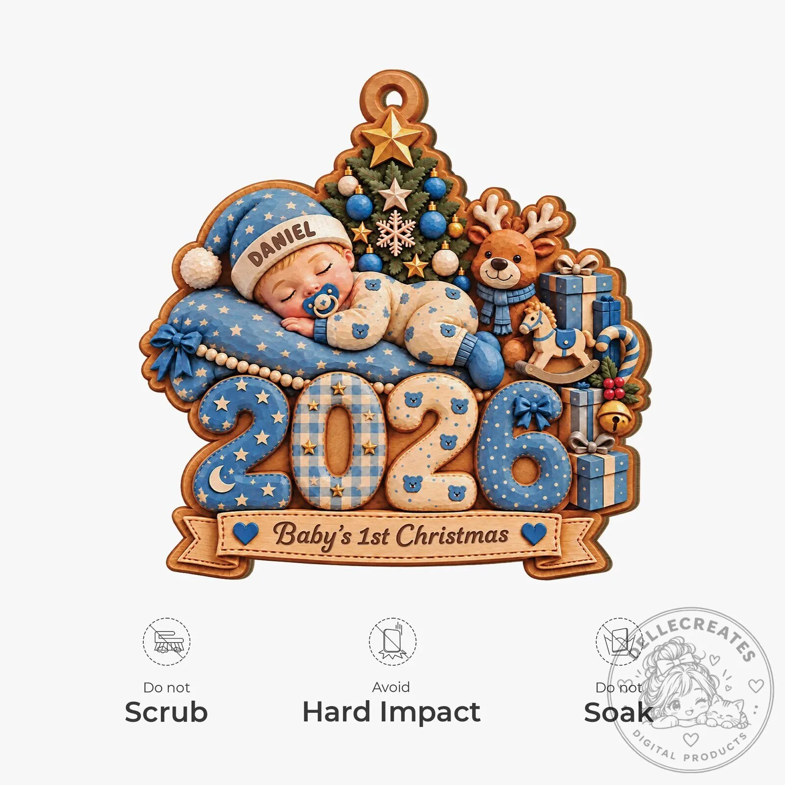 Personalized Baby's First Christmas 2026 Ornament with Sleeping Baby Boy Design 14 Personalized Baby