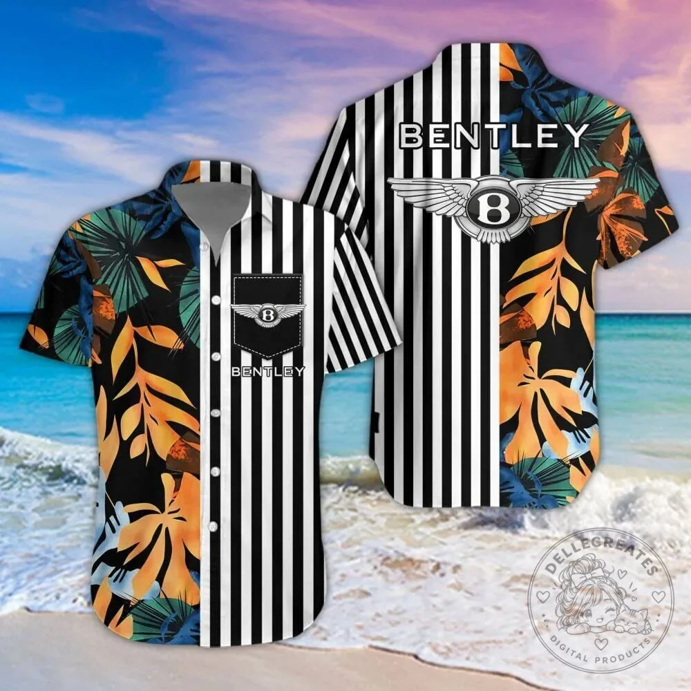 Bentley Luxury Car Logo Black Stripe Tropical Floral Hawaiian Shirt