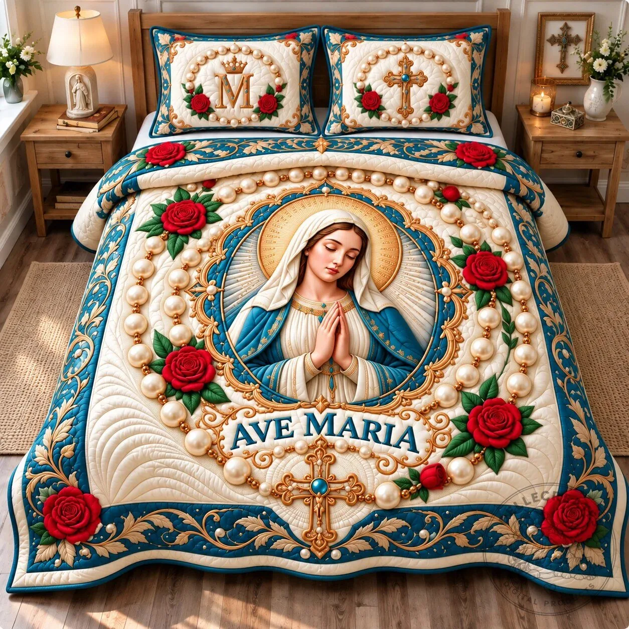 Virgin Mary Ave Maria Radiance Quilted Bedding Set with Roses and Pearls