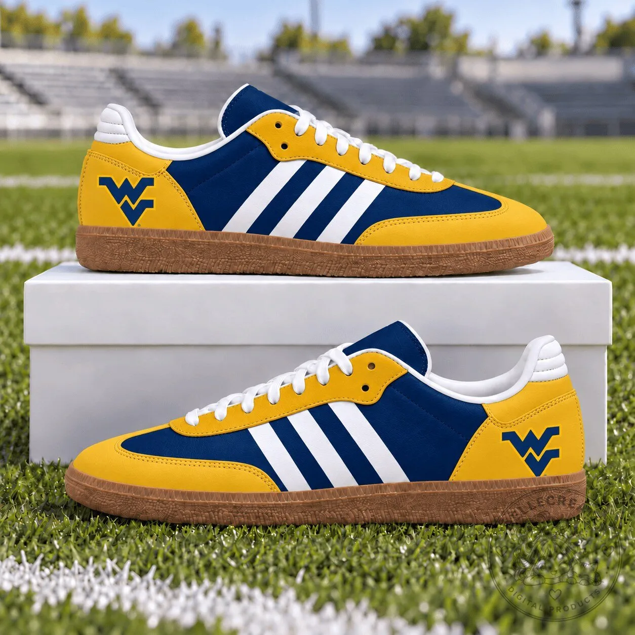 West Virginia Mountaineers Yellow and Blue Three Stripes Sneakers
