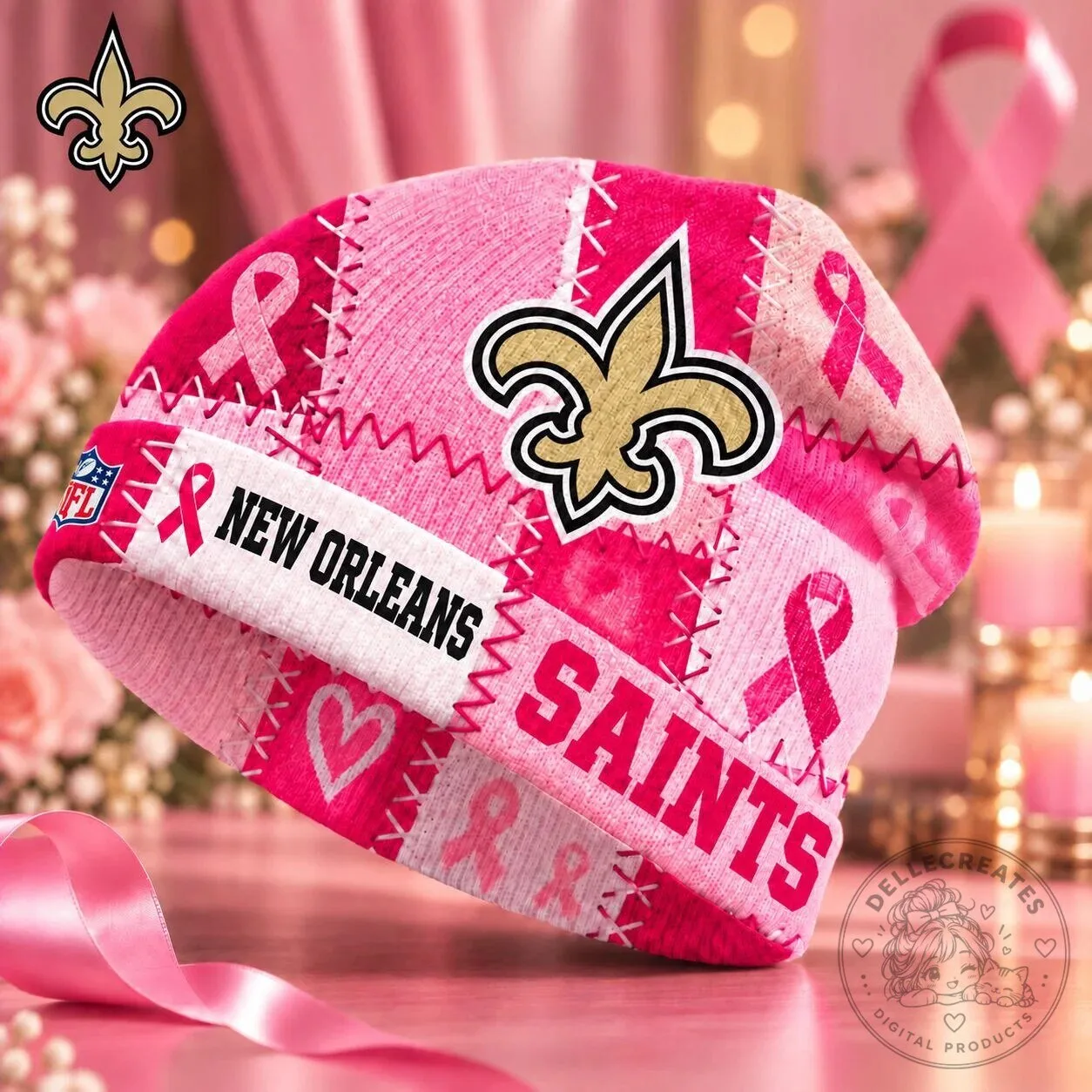 New Orleans Saints NFL Breast Cancer Awareness Pink Ribbon Patchwork Beanie Hat