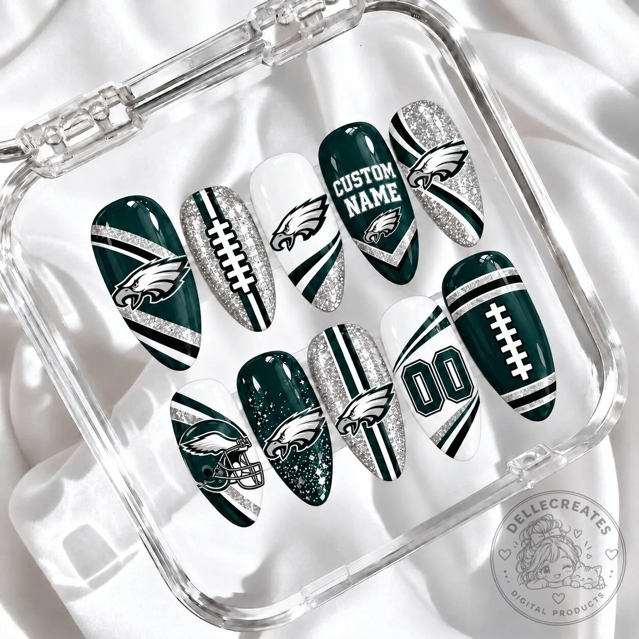 Philadelphia Eagles Football Team Custom Name Glitter Press-On Nails Set
