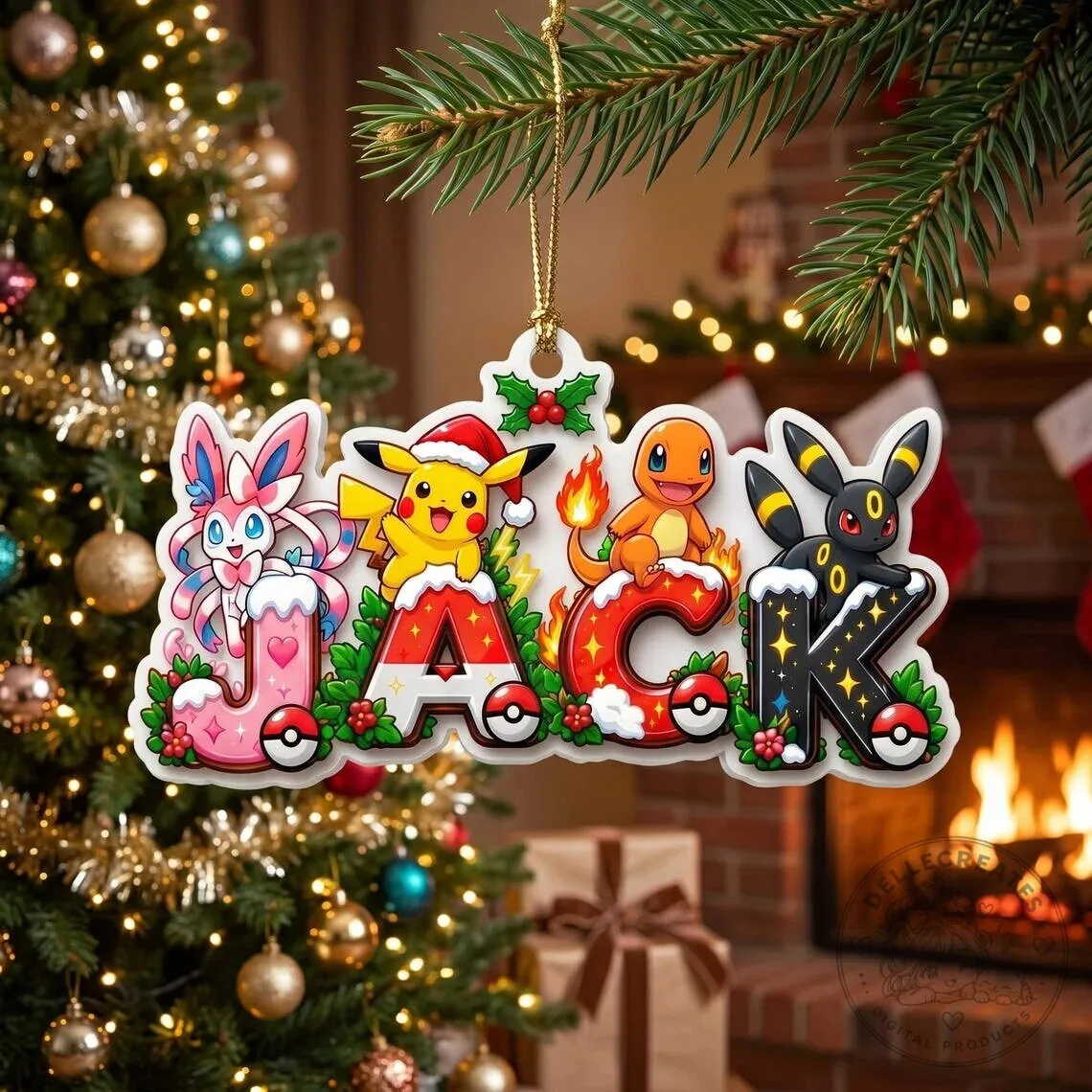 Personalized Pokemon Christmas Tree Ornament with Custom Name and Characters