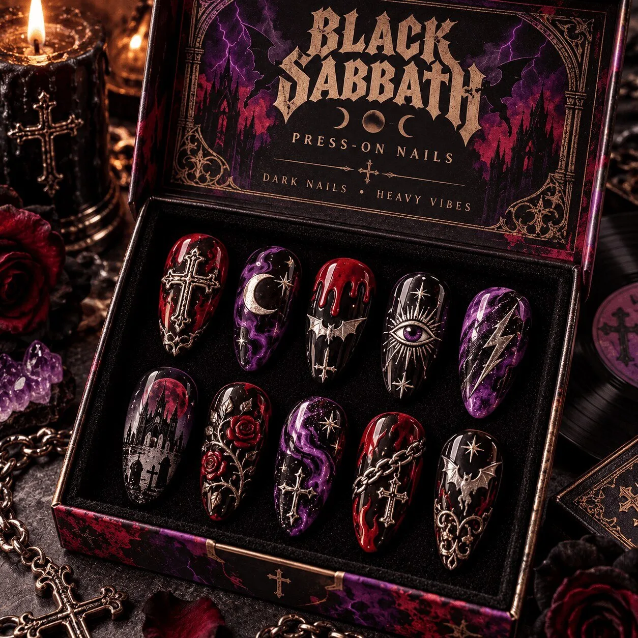 Black Sabbath Heavy Metal Gothic Press-On Nails Set for Rock Music Fans