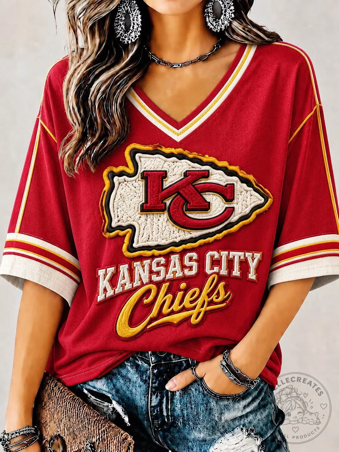 Kansas City Chiefs Football Team Red V-Neck Embroidered Graphic T-Shirt for Women