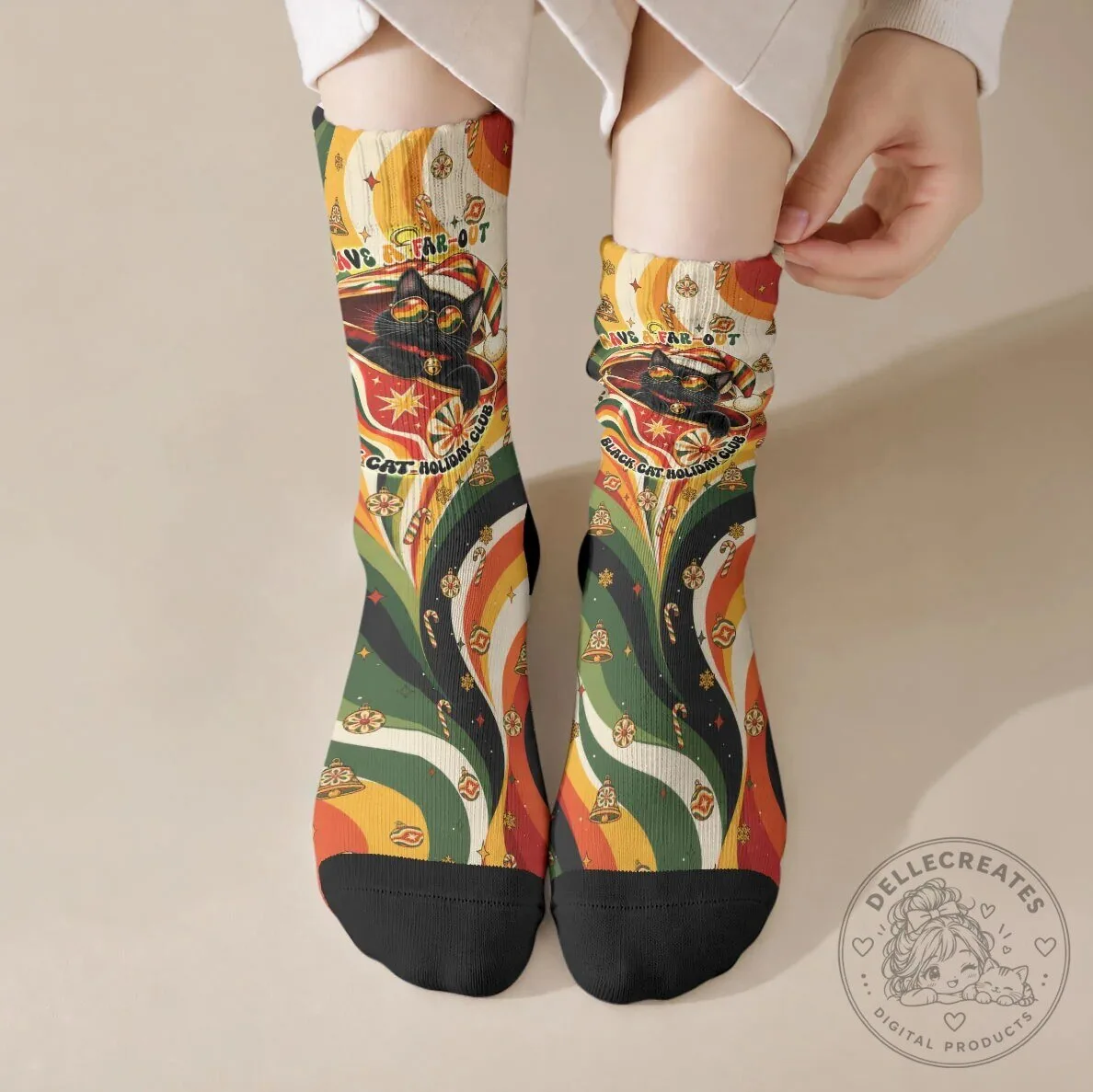Groovy Black Cat Holiday Club Christmas Crew Socks Vintage Retro 70s Style