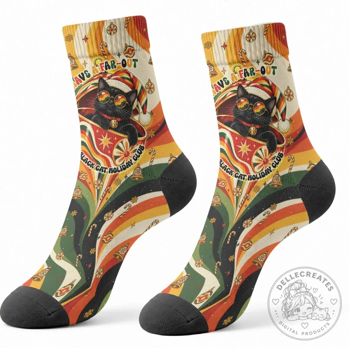 Groovy Black Cat Holiday Club Christmas Crew Socks Vintage Retro 70s Style 10 Groovy Black Cat Holiday Club Christmas Crew Socks Vintage Retro 70s Style