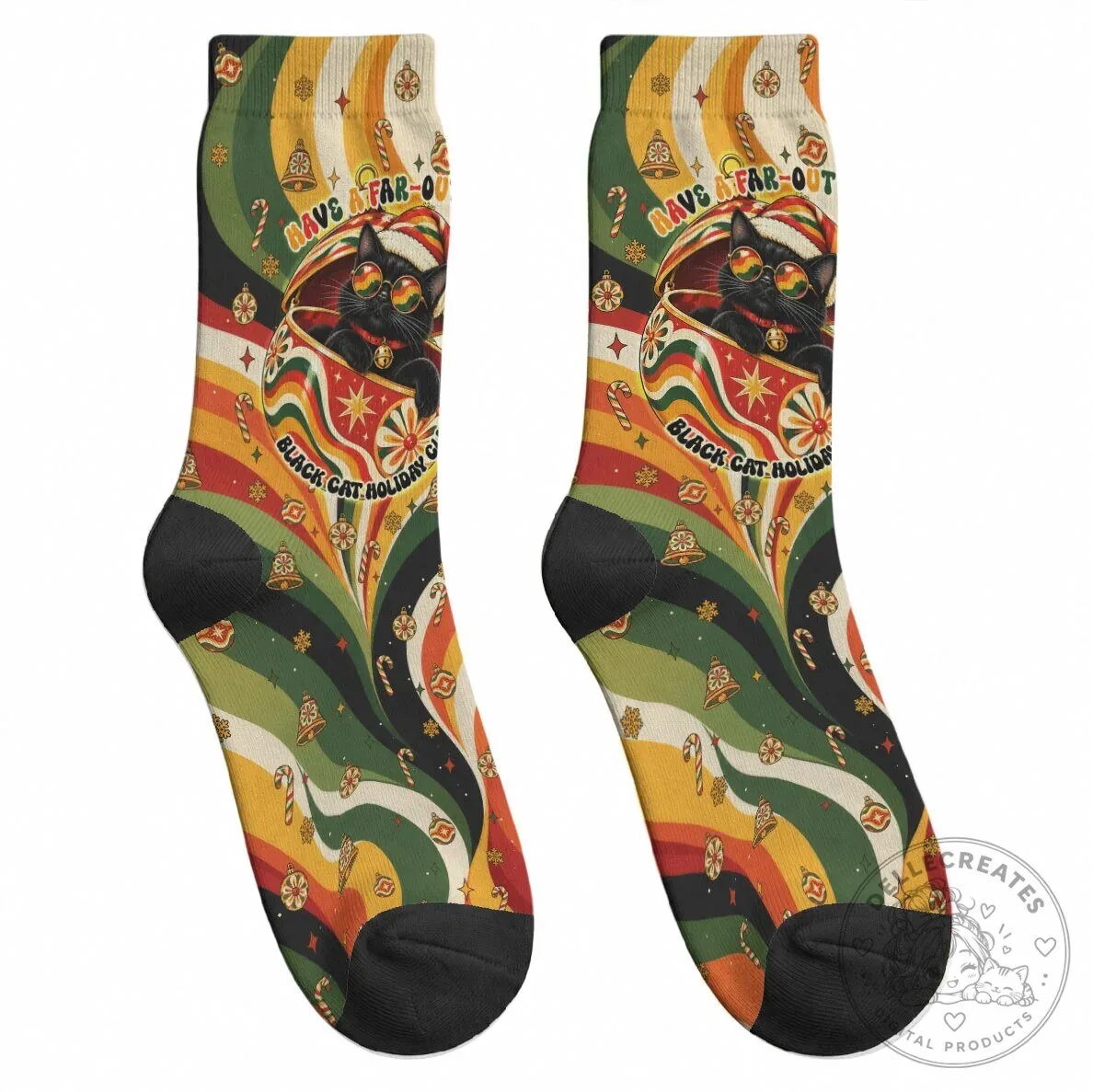 Groovy Black Cat Holiday Club Christmas Crew Socks Vintage Retro 70s Style 11 Groovy Black Cat Holiday Club Christmas Crew Socks Vintage Retro 70s Style