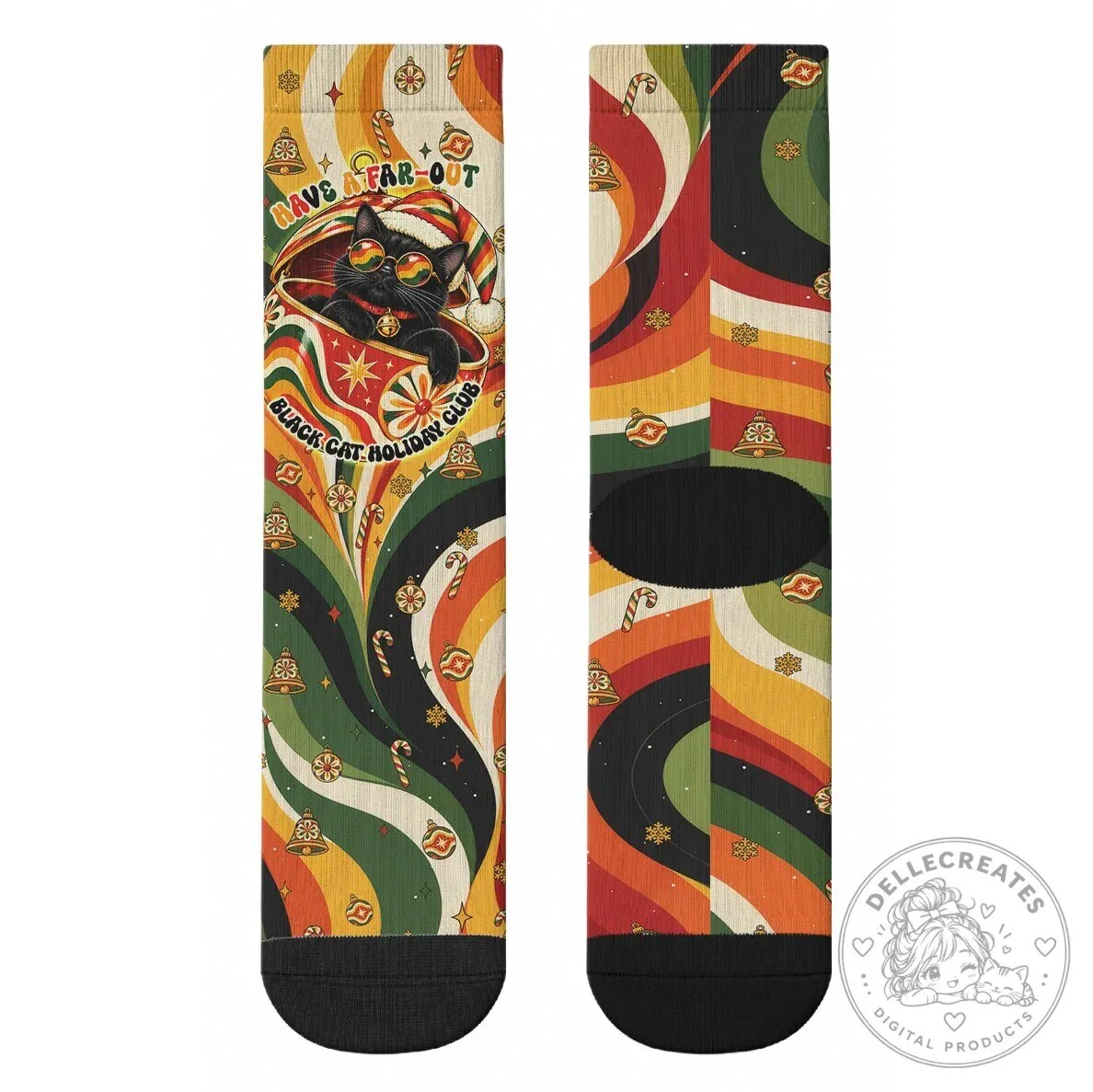 Groovy Black Cat Holiday Club Christmas Crew Socks Vintage Retro 70s Style 13 Groovy Black Cat Holiday Club Christmas Crew Socks Vintage Retro 70s Style