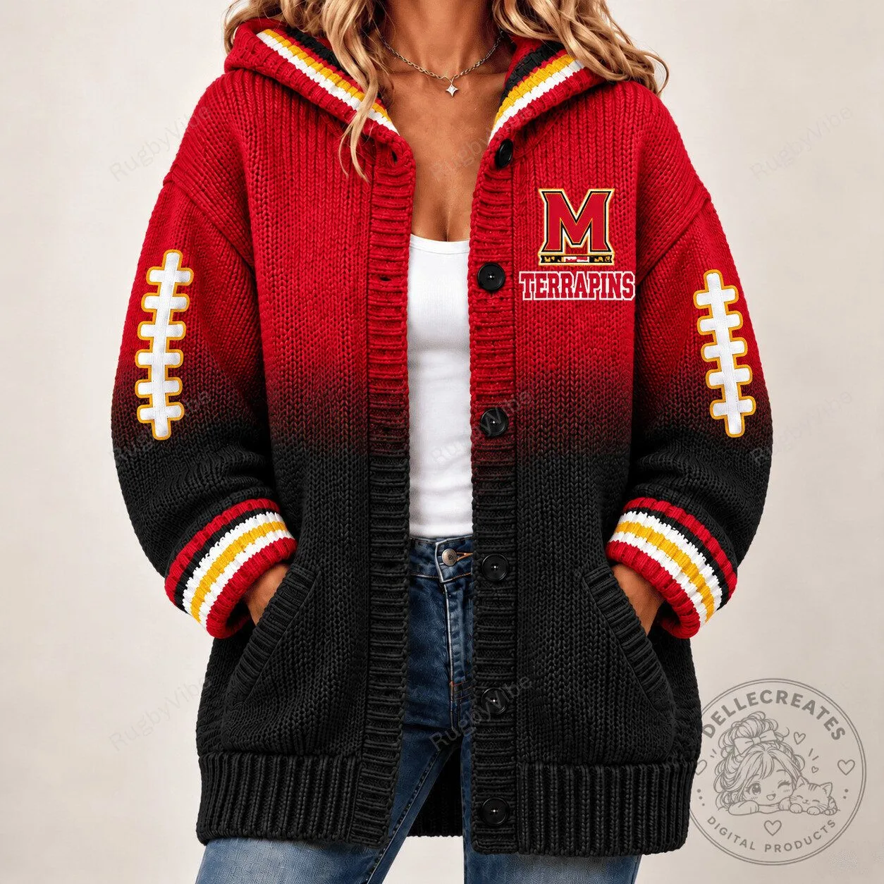 Maryland Terrapins Football Team Logo Red Black Knit Cardigan Hoodie 1 Maryland Terrapins Football Team Logo Red Black Knit Cardigan Hoodie