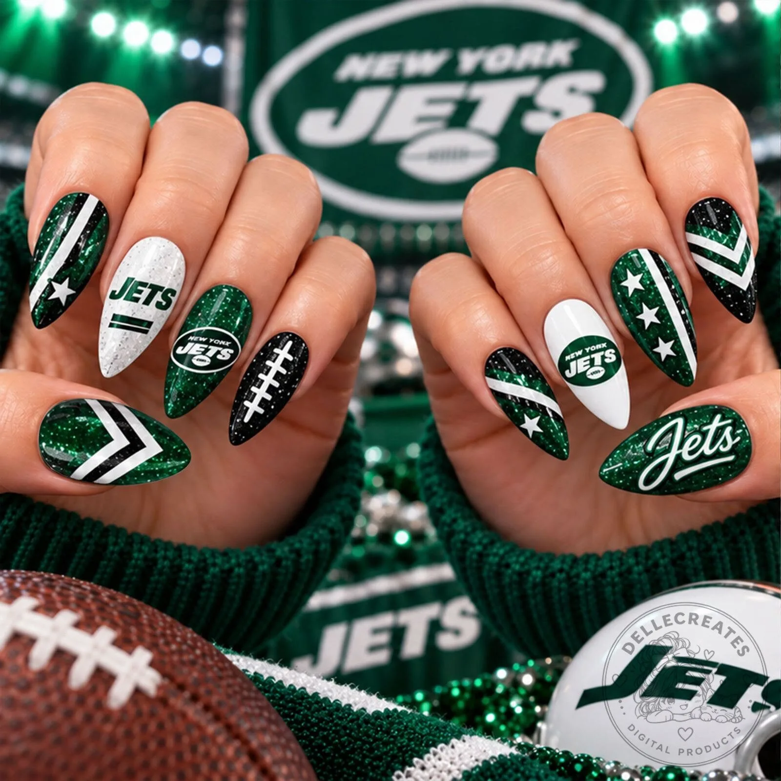 New York Jets Football Team Sparkle Game Day Press-On Nails