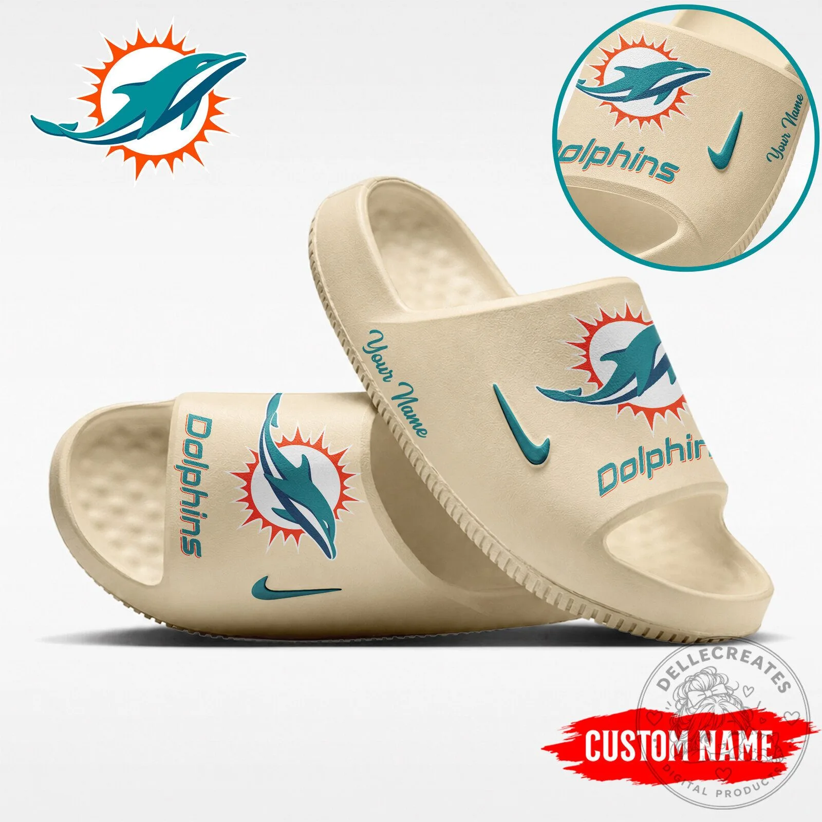 Miami Dolphins NFL Custom Name Team Logo Beige Unisex Slide Sandals