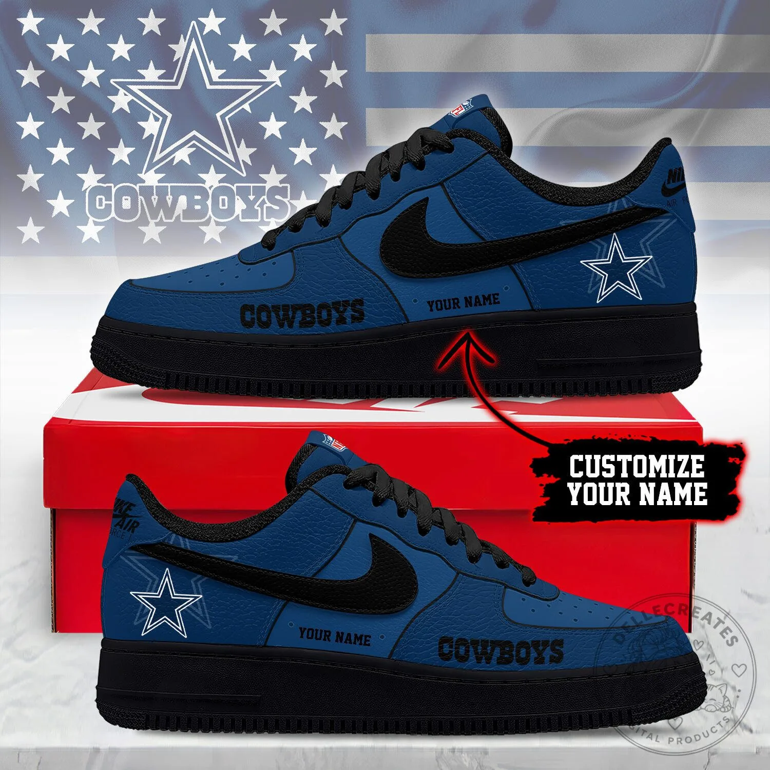 Dallas Cowboys Custom Name Blue Nike Air Force 1 Sneakers
