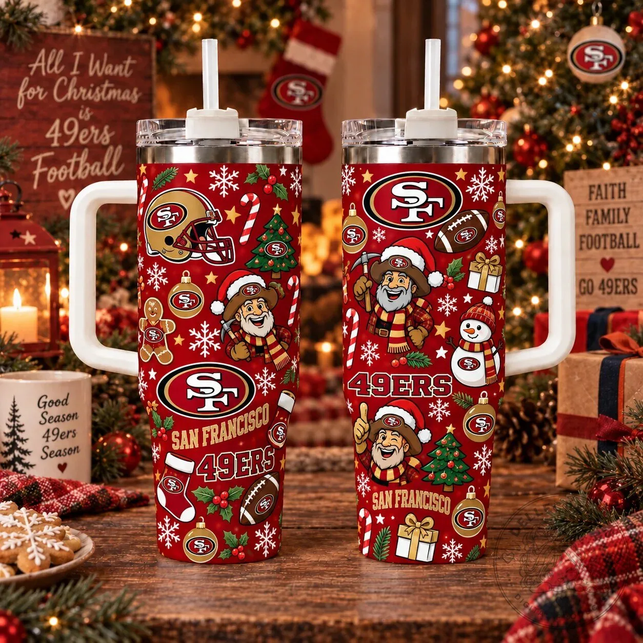 San Francisco 49ers Christmas Football Team Tumbler with Handle