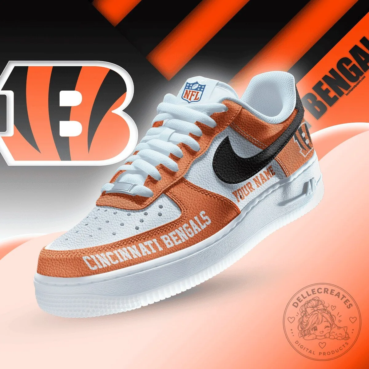 Cincinnati Bengals Custom Name NFL Air Force 1 Style White Orange Sneakers Shoes