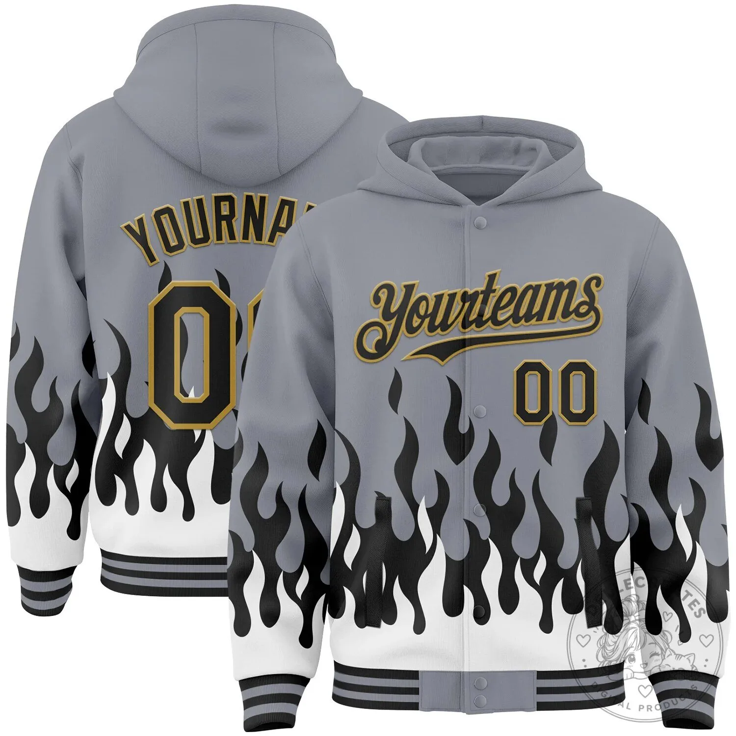 Custom Gray Black White Gold Fire Flame Bomber Full-Snap Varsity Letterman Hoodie Jacket