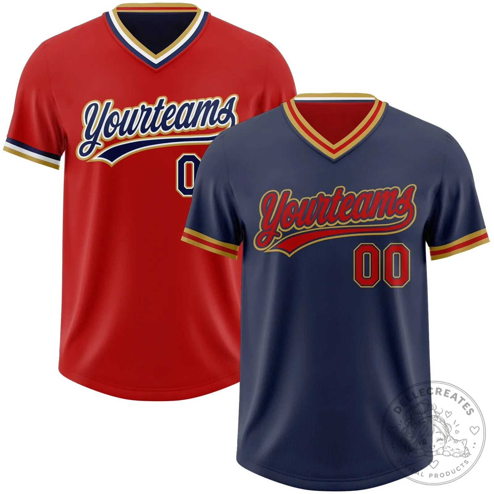 Custom Reversible Red and Navy Blue Baseball Jersey with Gold Trim