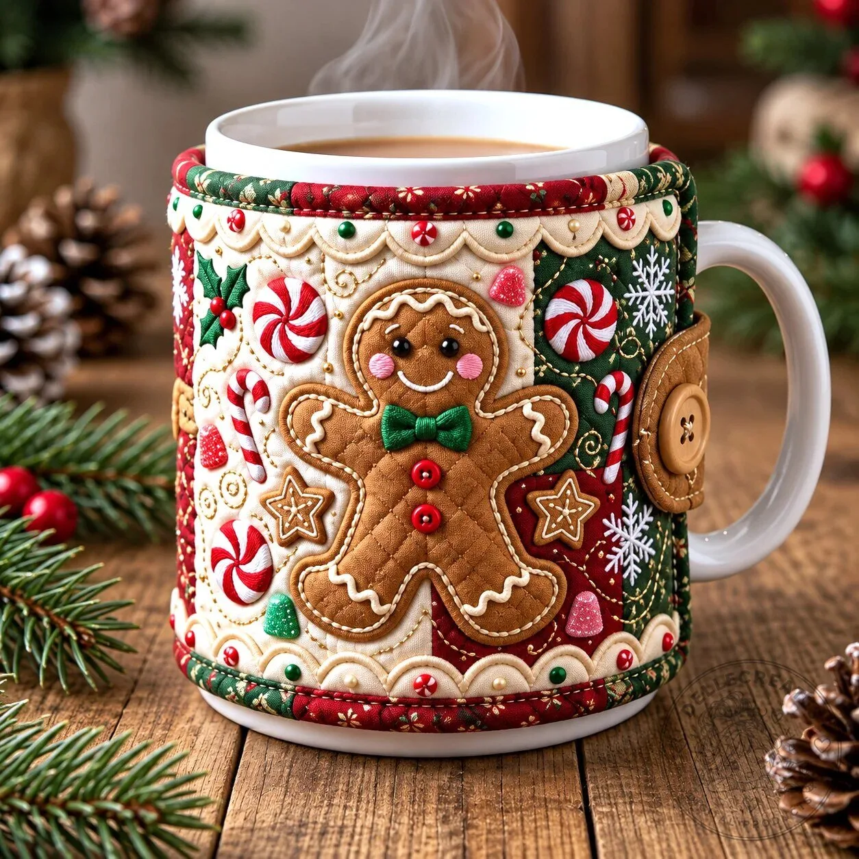 Gingerbread Man Christmas Quilted Mug Cozy Sleeve with Handle Button Closure 6 Gingerbread Man Christmas Quilted Mug Cozy Sleeve with Handle Button Closure