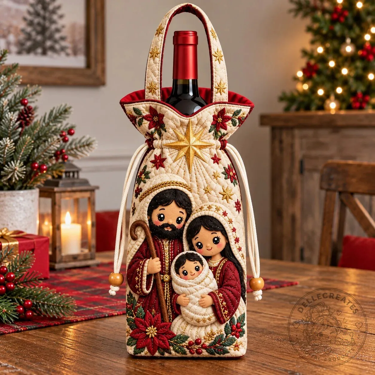Holy Family Christmas Nativity Scene Quilted Wine Bottle Carrier Bag