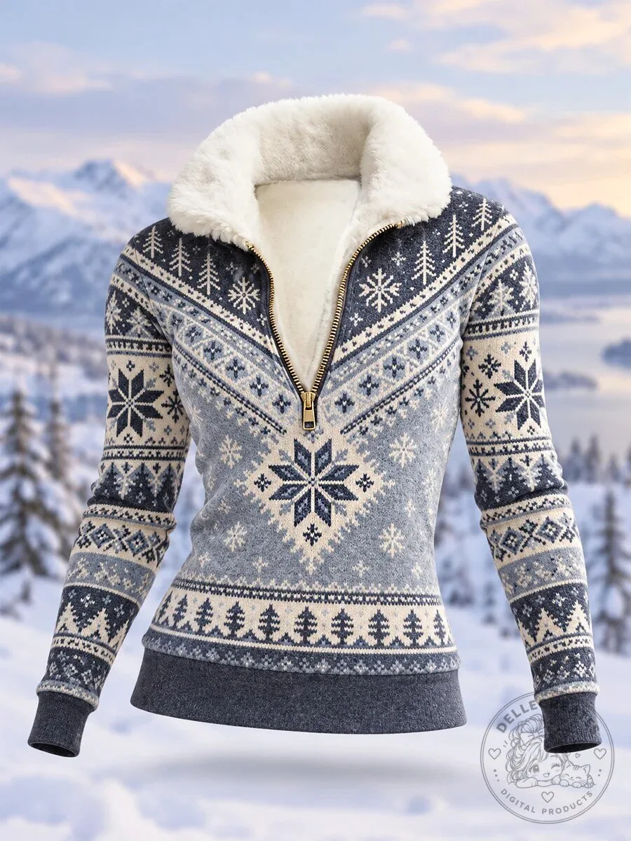 Women's Nordic Snowflake Pattern Quarter-Zip Pullover Sweater with Faux Fur Collar