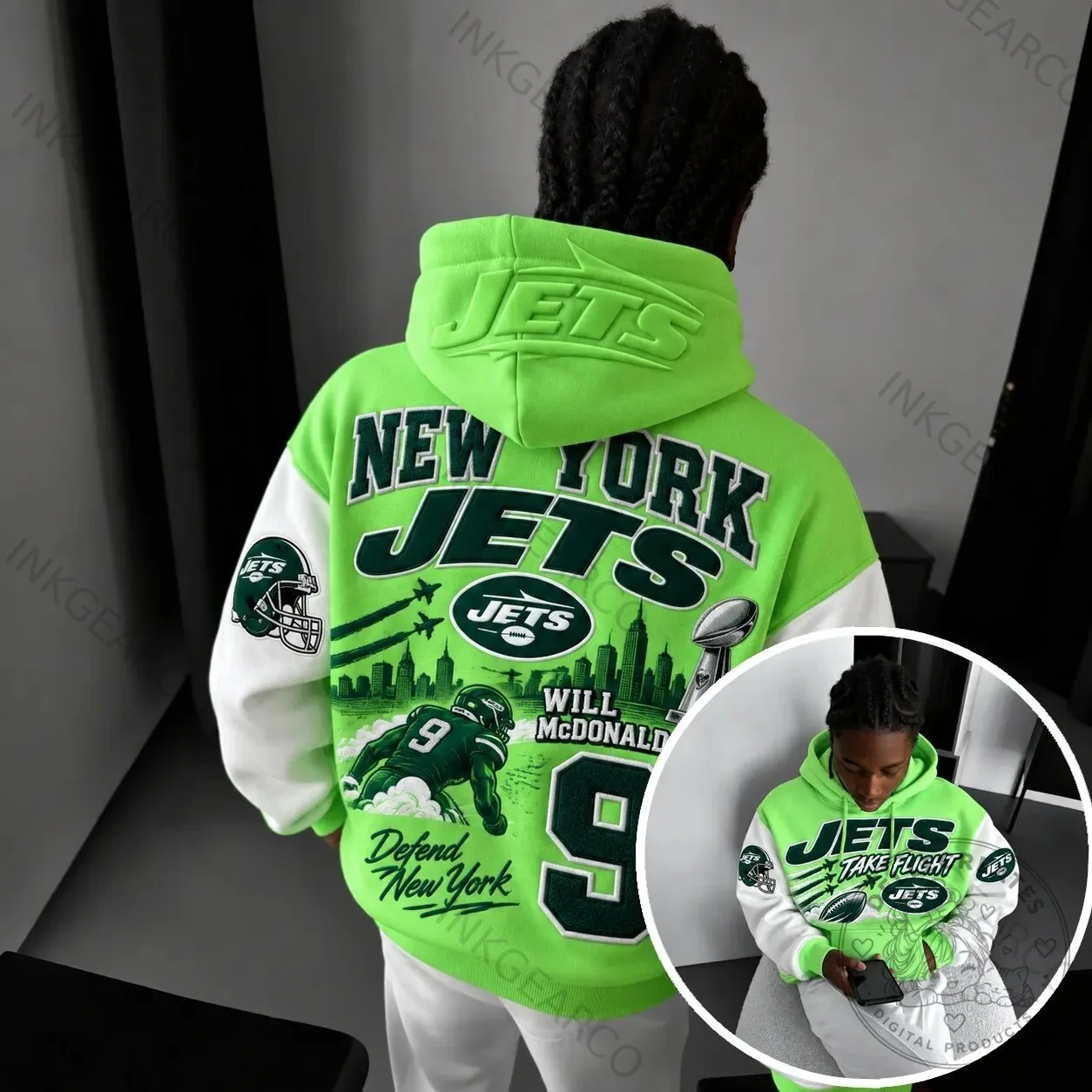 New York Jets Will McDonald Number 9 Green and White Football Hoodie