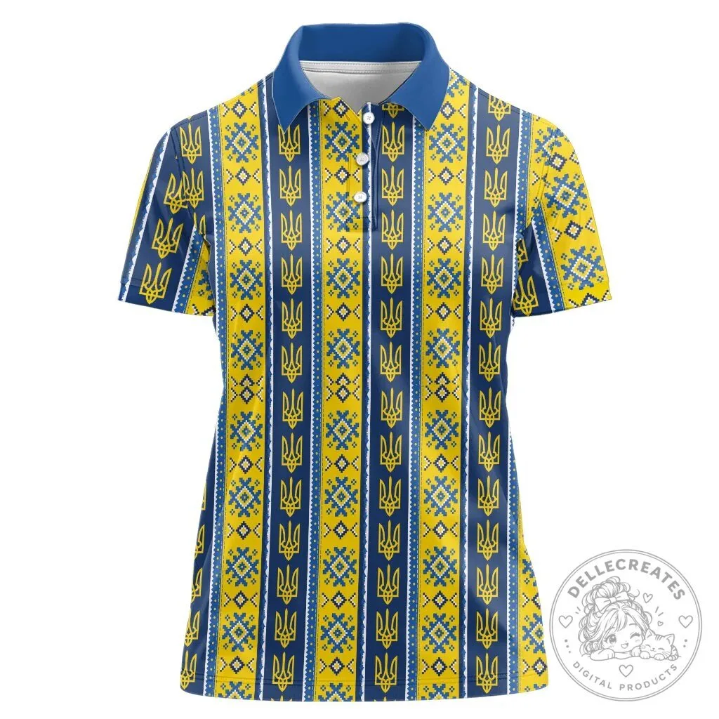 Ukrainian Trident Pattern Women's Polo Shirt - Ukraine Flag Colors 2 Ukrainian Trident Pattern Women's Polo Shirt - Ukraine Flag Colors