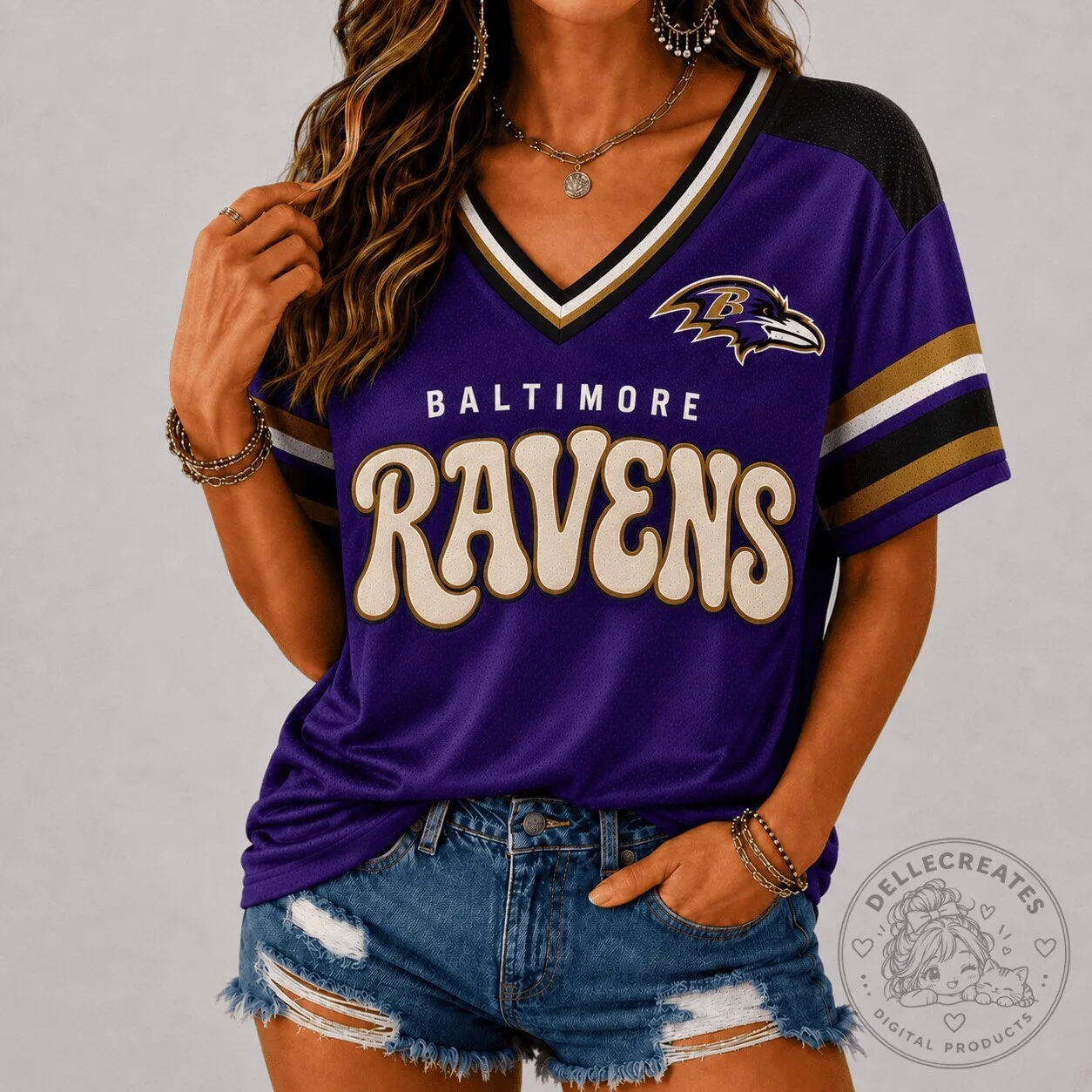 Baltimore Ravens Vintage Groovy Purple Football Team V-Neck Jersey