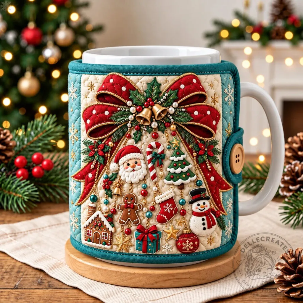 Christmas Bow And Ornaments Quilted Mug Cozy Holiday Drinkware Accessory Christmas Bow And Ornaments Quilted Mug Cozy Holiday Drinkware Accessory
