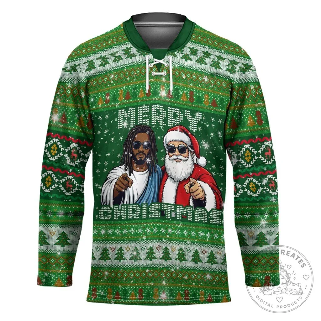 Black Jesus and Santa Claus Merry Christmas Ugly Sweater Hockey Jersey