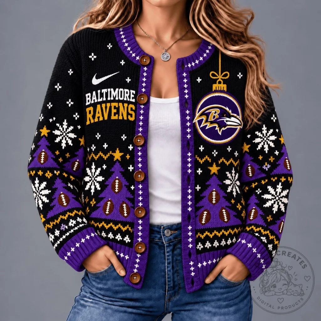 Baltimore Ravens NFL Football Team Ugly Christmas Sweater Cardigan Baltimore Ravens NFL Football Team Ugly Christmas Sweater Cardigan