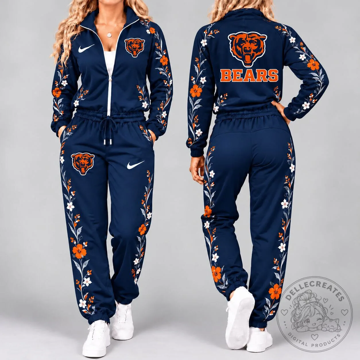 Chicago Bears NFL Floral Team Pride Navy Blue Tracksuit Hoodie and Pants Set