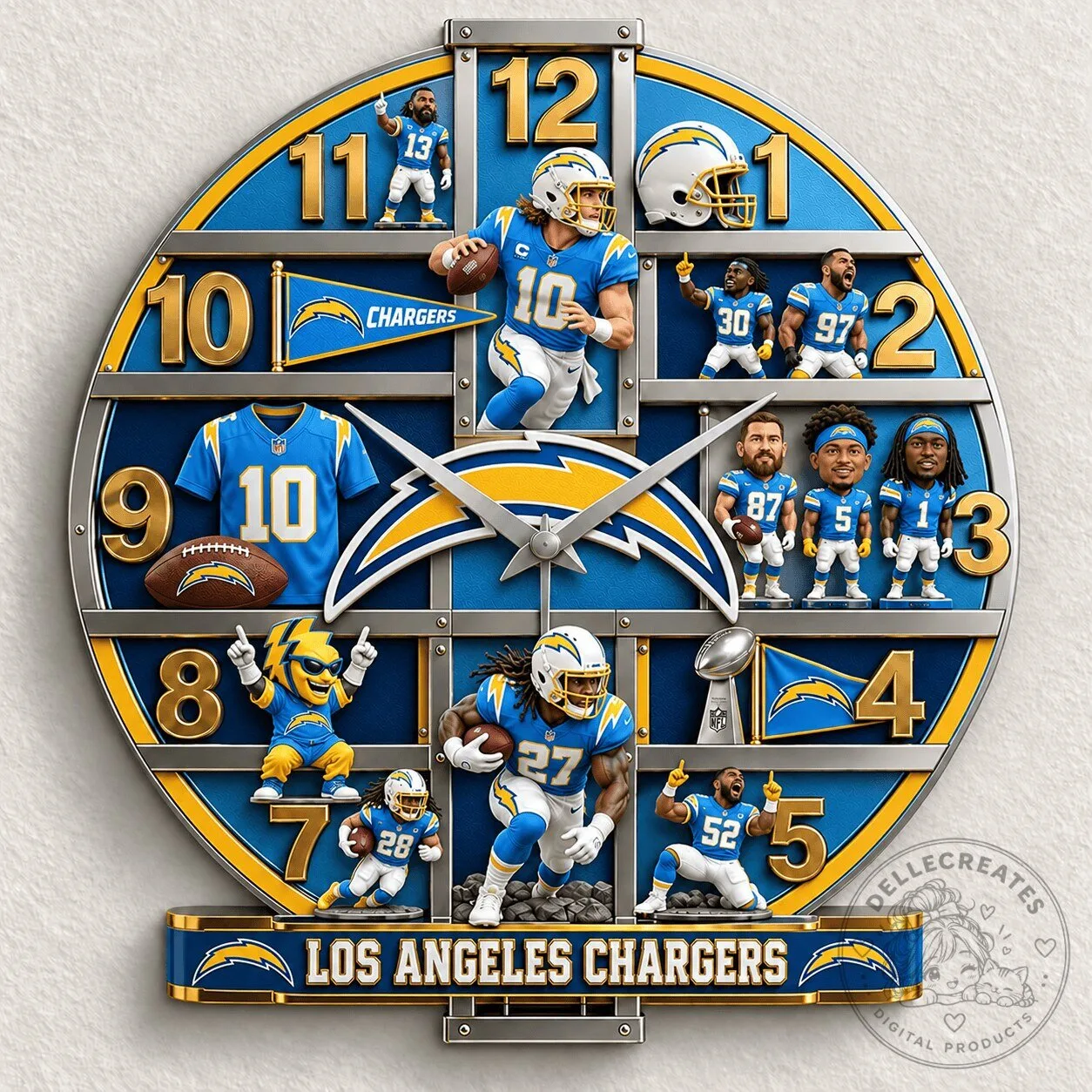 Los Angeles Chargers NFL Football Team Players and Mascot Wall Clock