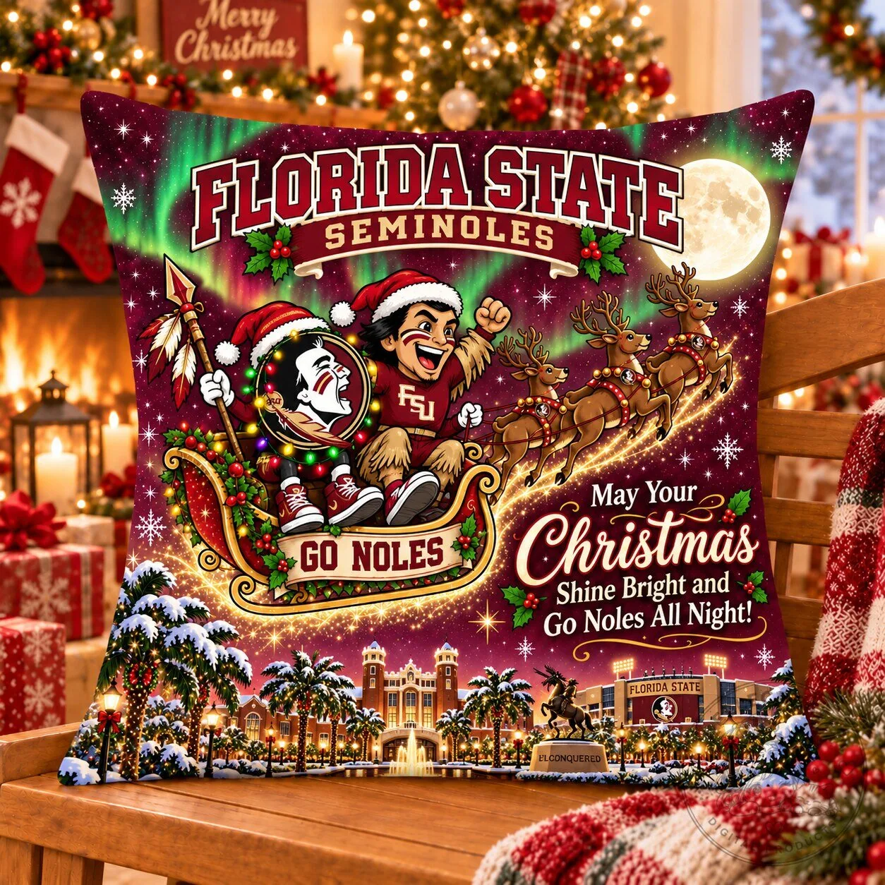 Florida State Seminoles Magical Christmas Night Flight Decorative Pillow