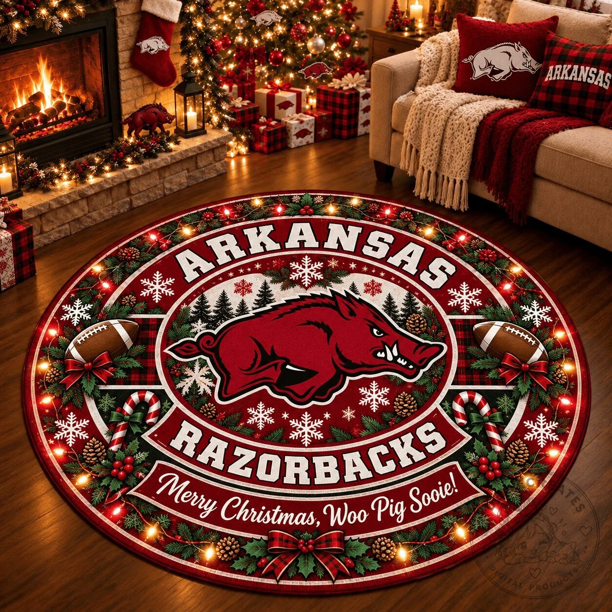 Arkansas Razorbacks Christmas Holiday Round Rug - Merry Christmas Woo Pig Sooie Floor Mat